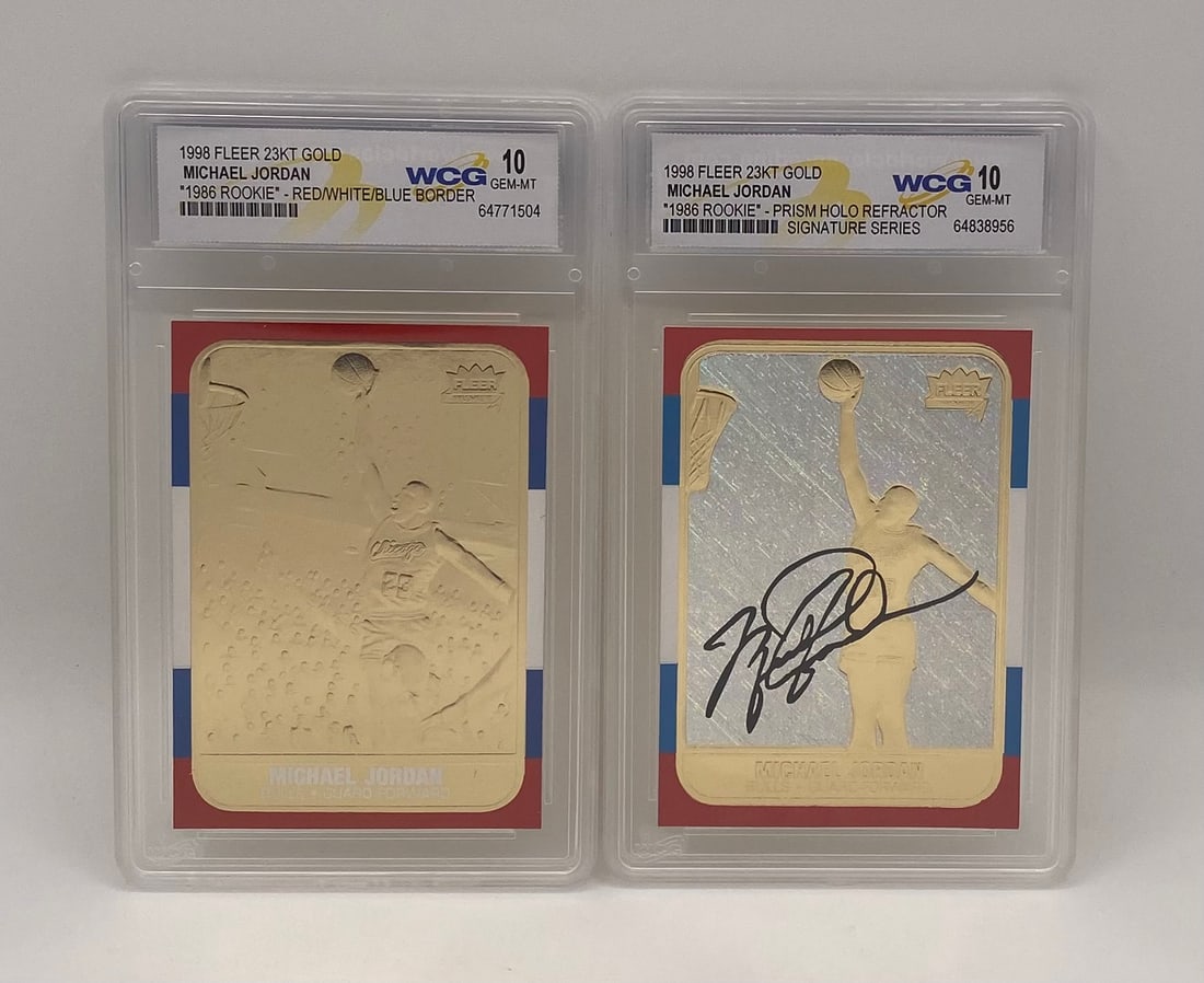 1998 Michael Jordan Cards: Pair (2) 1998 Fleer 23KT Gold Michael Jordan '86 Rookie Tribute Cards - WCG Gem-MT 10