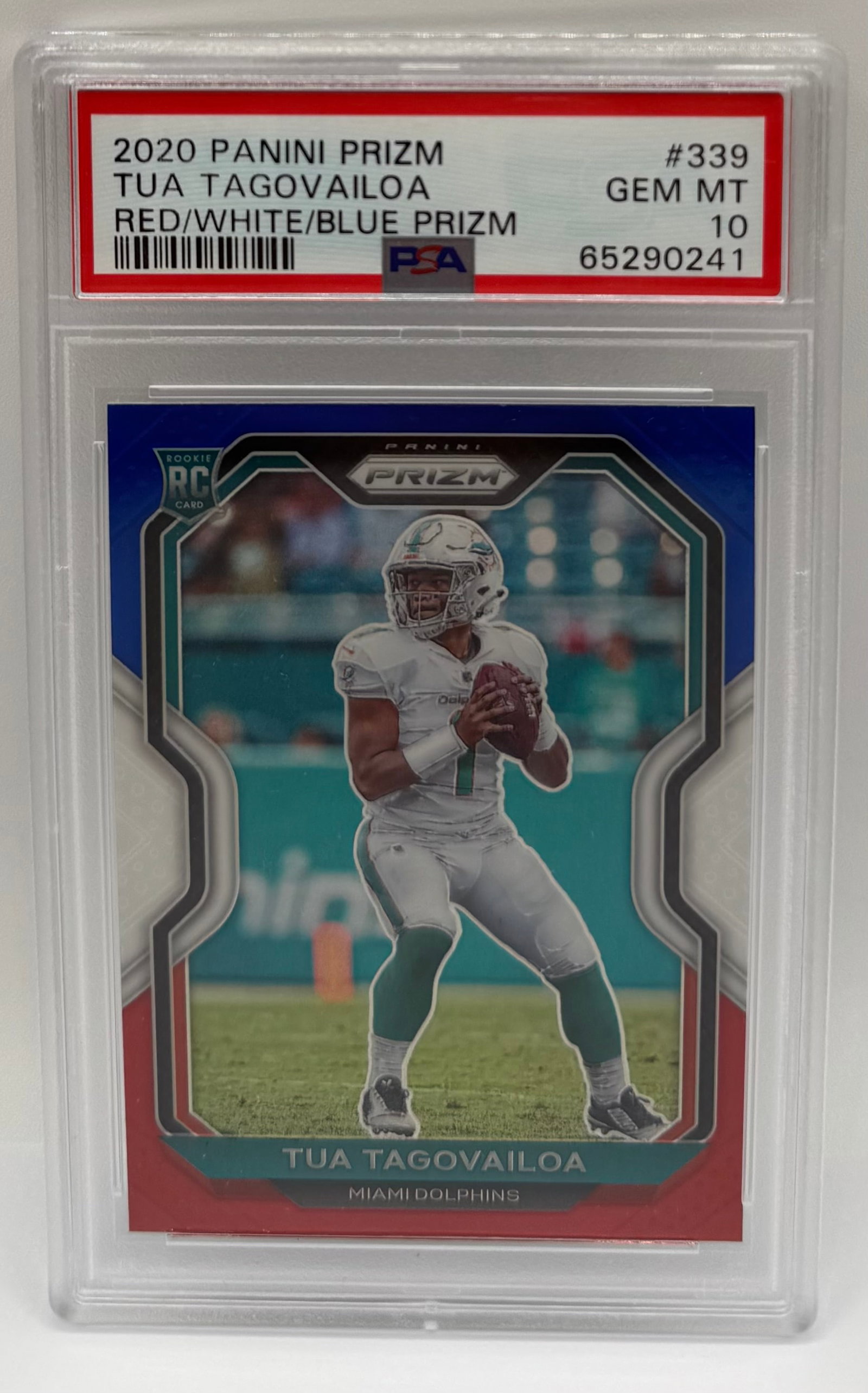 Tua Tagovailoa Red/White/Blue Prizm Rookie: 2020 Panini Prizm Tua Tagovailoa Red/White/Blue Prizm RC #339 PSA 10 Gem Mint