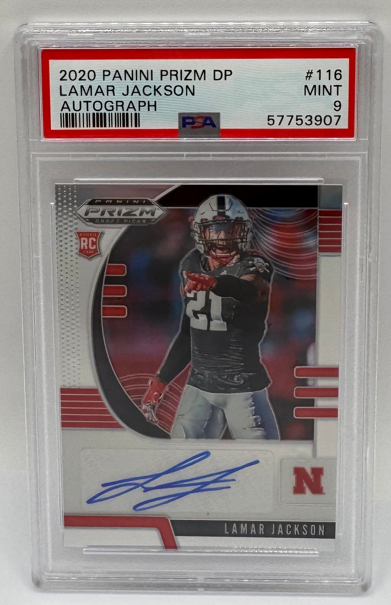 Lamar Jackson Auto Prizm Draft Pick: 2020 Panini Prizm Draft Picks Lamar Jackson Autographed RC #116 PSA 9 Mint