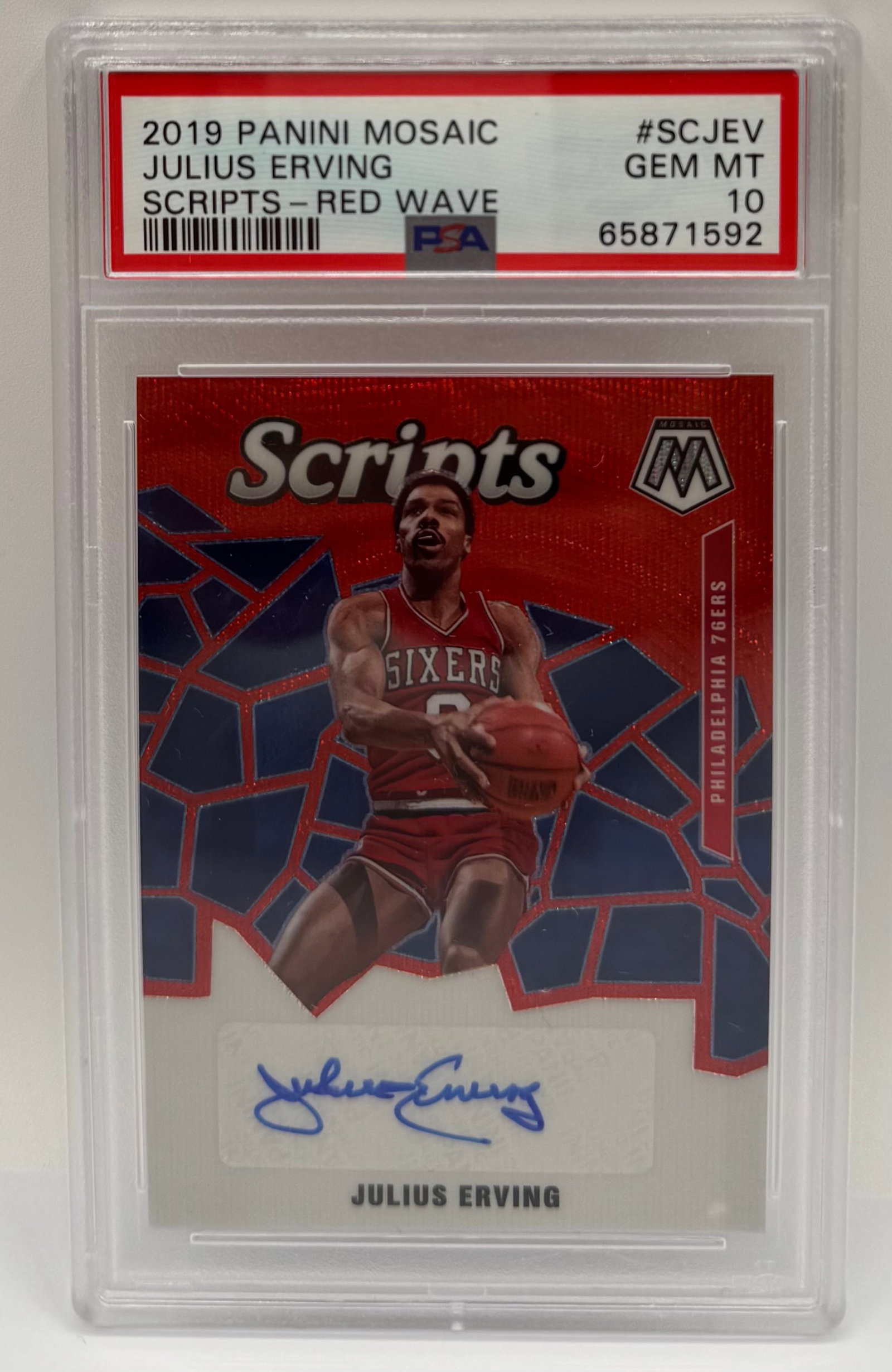 Julius Erving Scripts Red Wave Auto PSA 10: 2019 Panini Mosaic Julius Erving Scripts Red Wave Auto #SCJEV PSA 10 Gem Mint