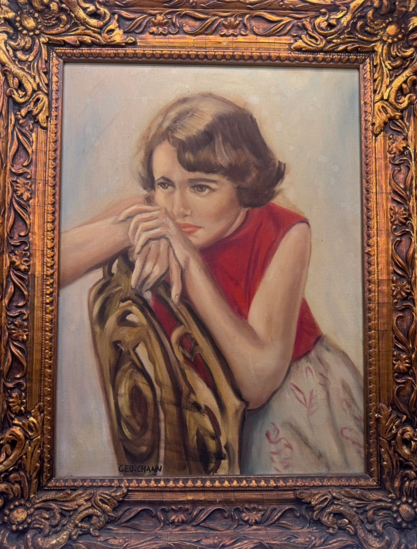 George Chann (1913-1995) Oil on Canvas Portrait of a Pensive Woman, Framed? : Portrait of a Pensive Young Woman leaning on a Chair Back Medium: Oil on Canvas Signature: Signed "GEO. CHANN" in lower left Dimensions: Sight / Painting Size: Approx. 12 x 16 inches Frame Size: Appro