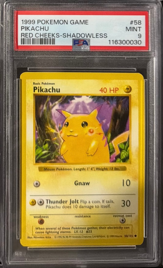 1999 Pokemon Pikachu Red Cheeks Shadoweless PSA: 1999 Pokémon Shadowless Pikachu #58 "Red Cheeks" – PSA 9 MINT