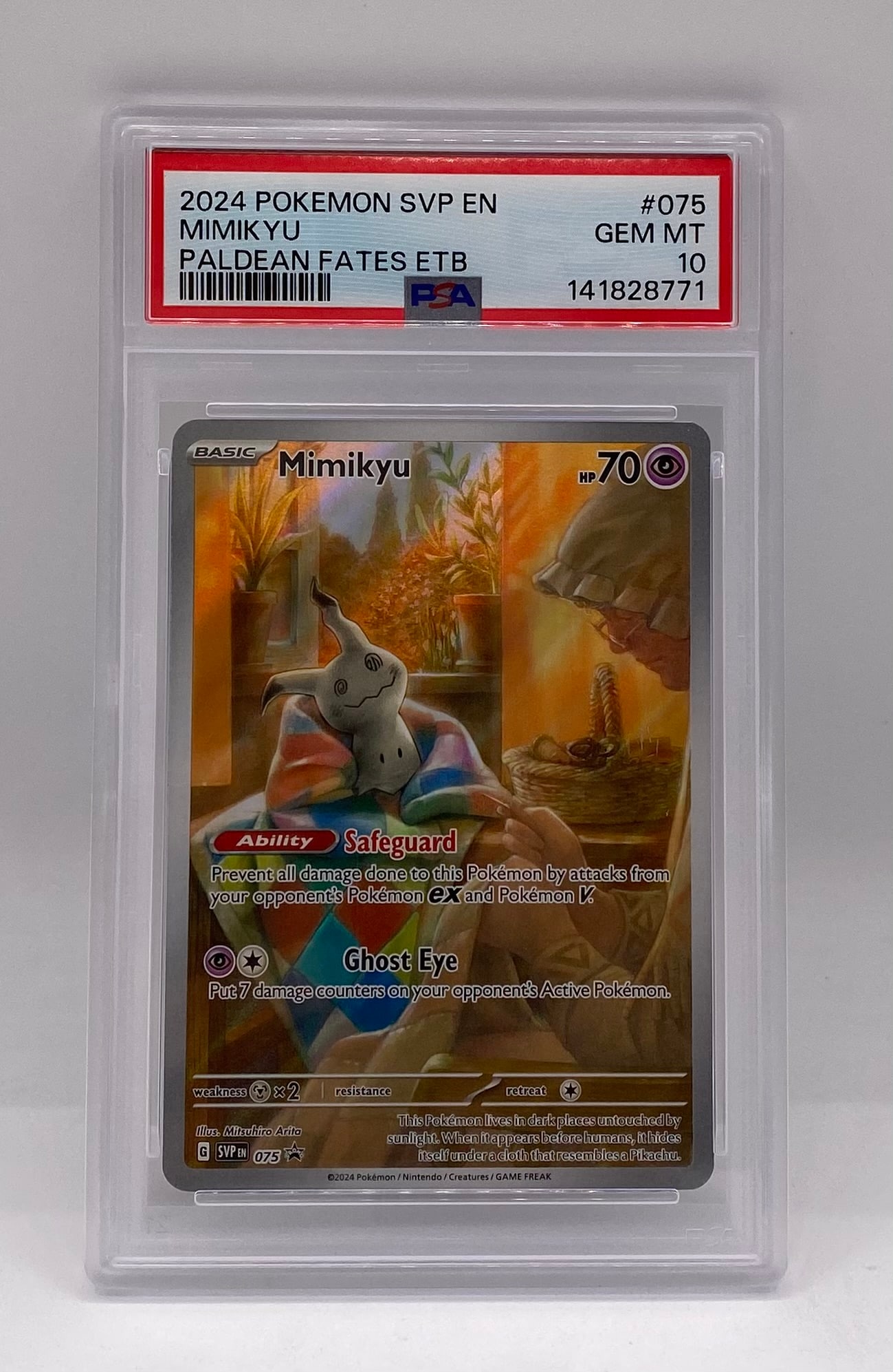 2024 Pokémon ETB Promo Mimikyu PSA 10: 2024 Pokémon Scarlet & Violet Paldean Fates ETB Promo Mimikyu #075 - PSA 10 Gem Mint