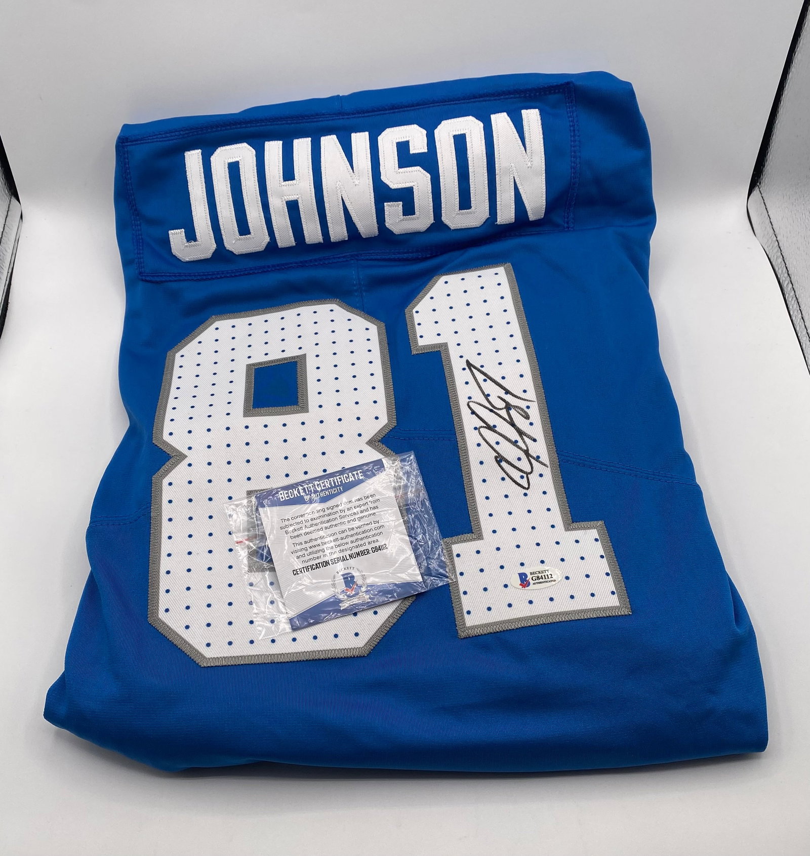 Calvin Johnson Autographed Beckett COA: Calvin Johnson Autographed Detroit Lions #81 Jersey (Beckett COA )