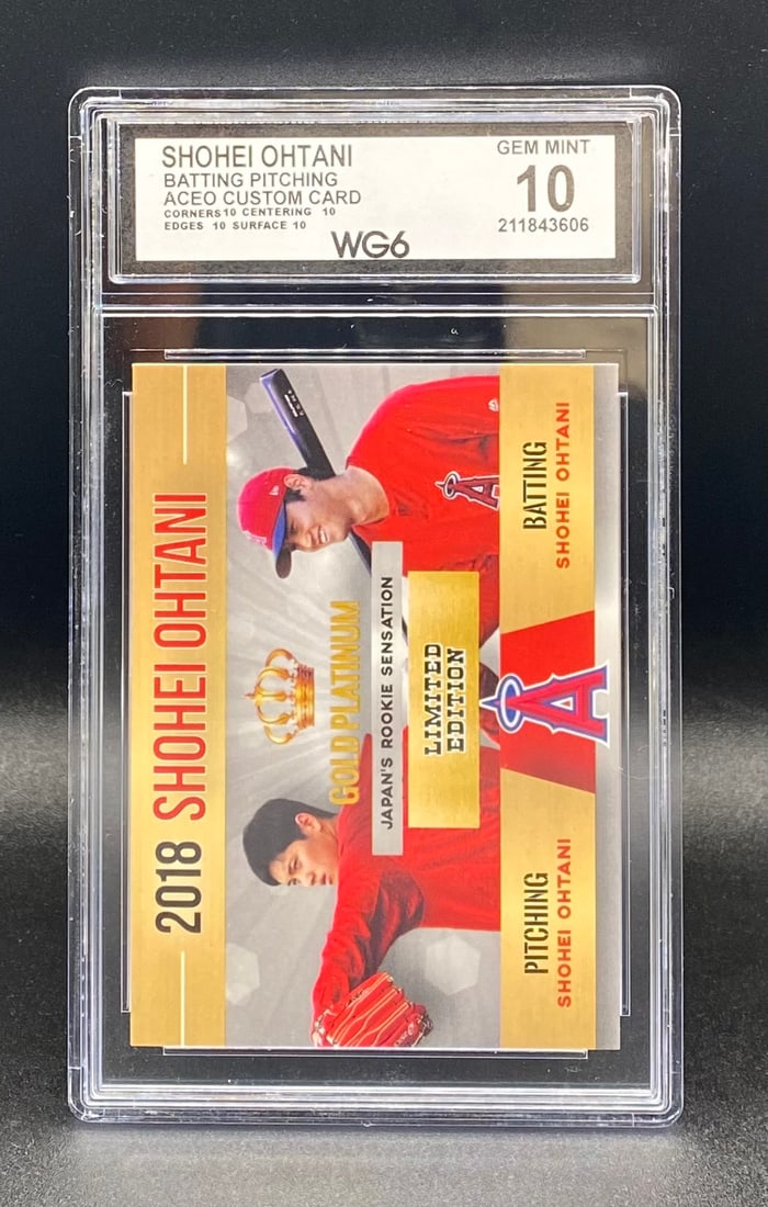 2018 Shohei Ohtani Batting Pitching Gold Platinum ACEO Card: 2018 Shohei Ohtani Batting Pitching Gold Platinum ACEO Custom Card WG6 Gem Mint 10