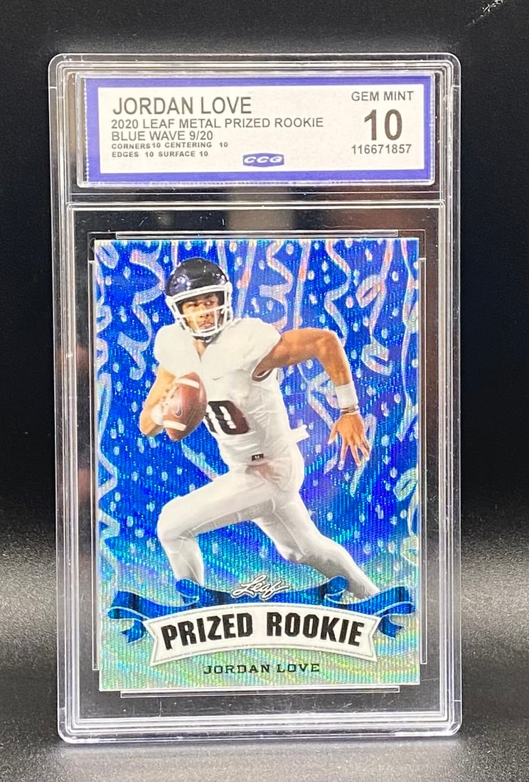 Jordan Love Rookie Holo /20: 2020 Leaf Metal Prized Rookie Jordan Love Blue Wave 9/20 CCG 10 Gem Mint