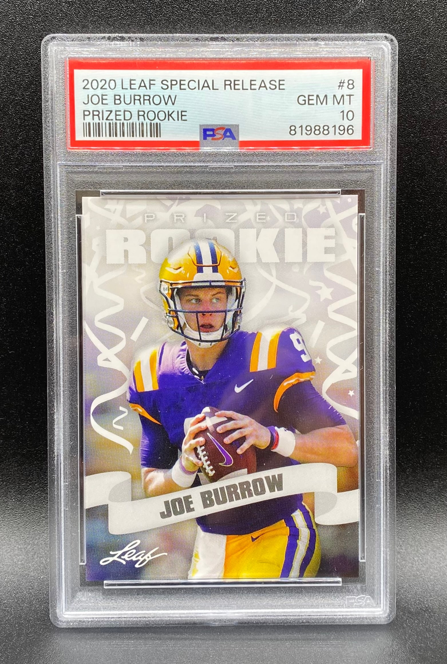 Joe Burrow Rookie Prized: 2020 Leaf Special Release Joe Burrow Prized Rookie #8 PSA 10 GEM MT
