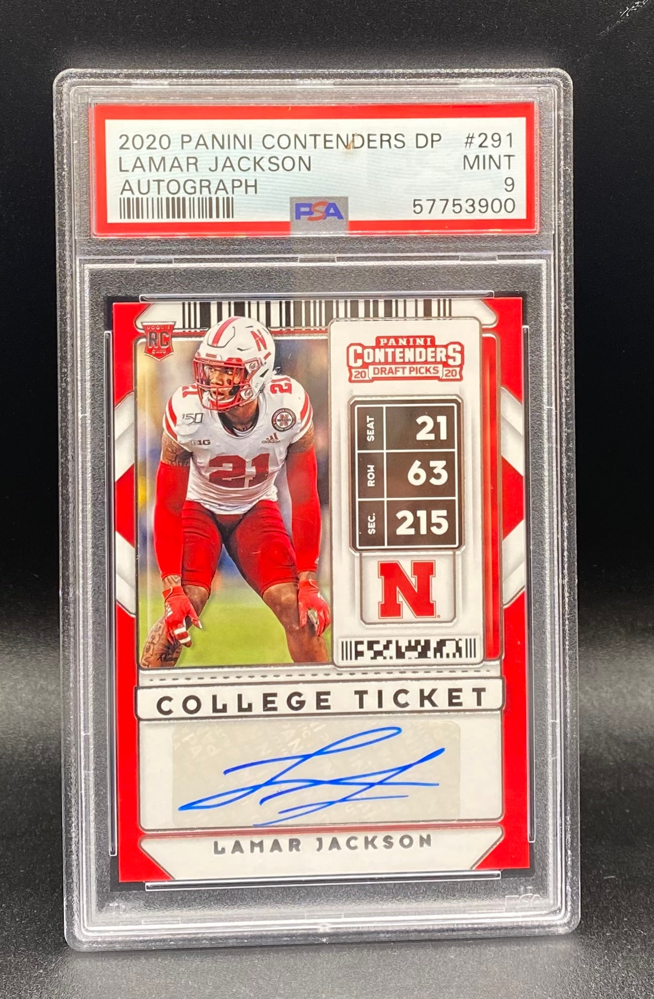 Lamar Jackson Autograph Card: 2020 Panini Contenders DP #291 Lamar Jackson Autograph College Ticket PSA 9