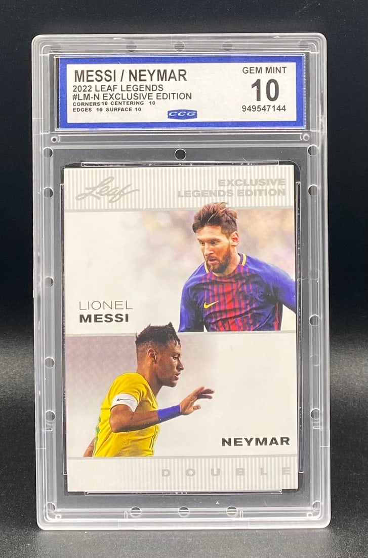 Lionel Messi & Neymar Soccer Card: 2022 Leaf Legends #LM-N Dual Card – Lionel Messi / Neymar – CCG Gem Mint 10