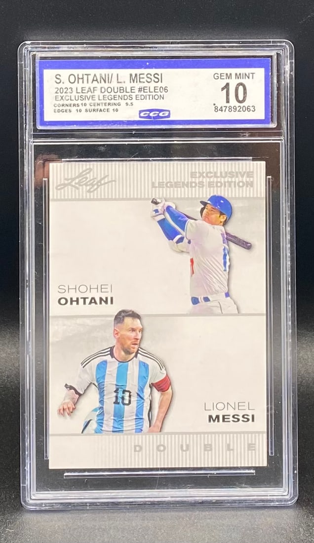 Shohei Ohtani & Lionel Messi Card: 2023 Leaf Trading Cards #ELE-06 Dual Card – Shohei Ohtani / Lionel Messi – CCG Graded