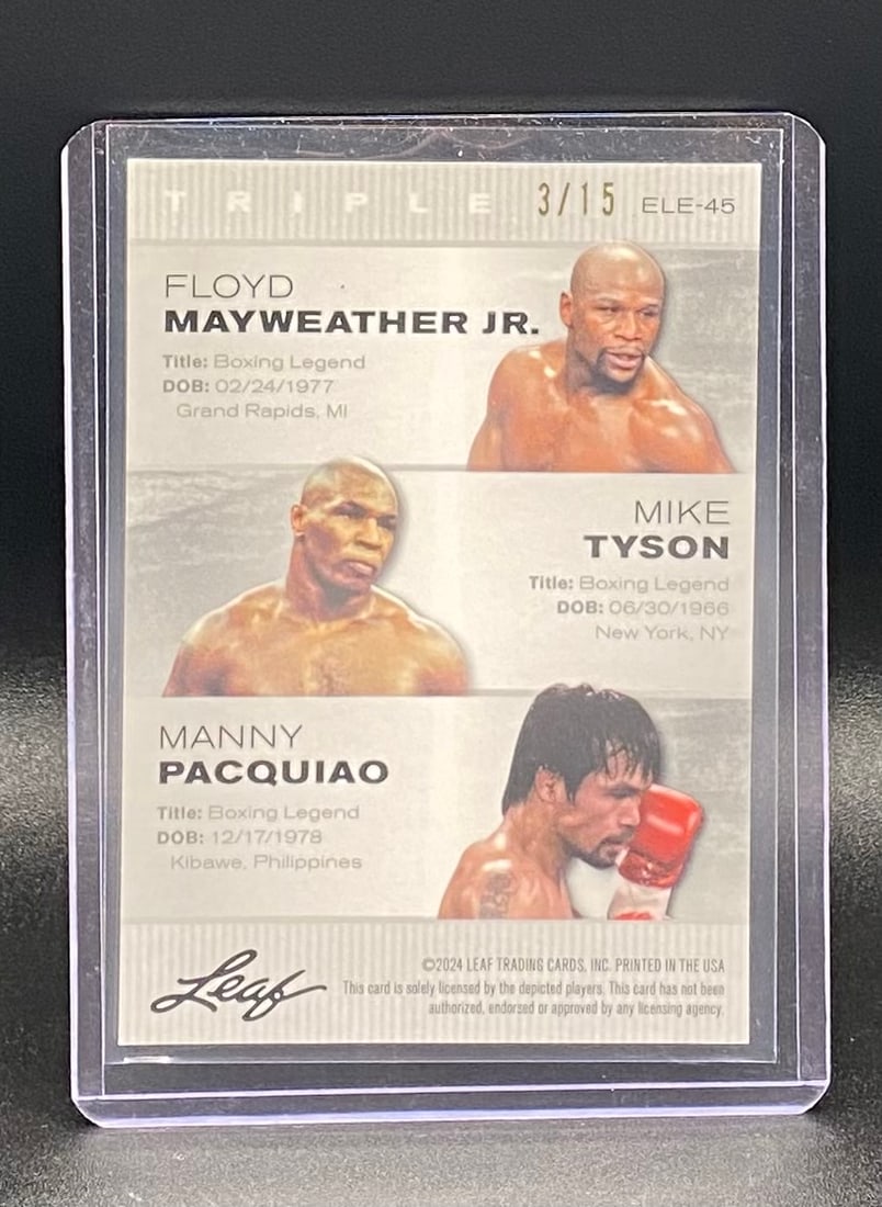 2024 Leaf Floyd Mayweather Jr., Mike Tyson, and Manny Pacquiao Holo Purple /15 - 2