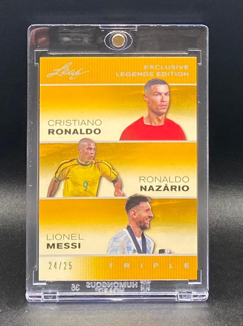Cristiano Ronaldo, Ronaldo Nazário, and Lionel Messi /25: 2024 Leaf Exclusive Legends Edition Triple Card – C. Ronaldo, Ronaldo Nazário, L. Messi #24/25