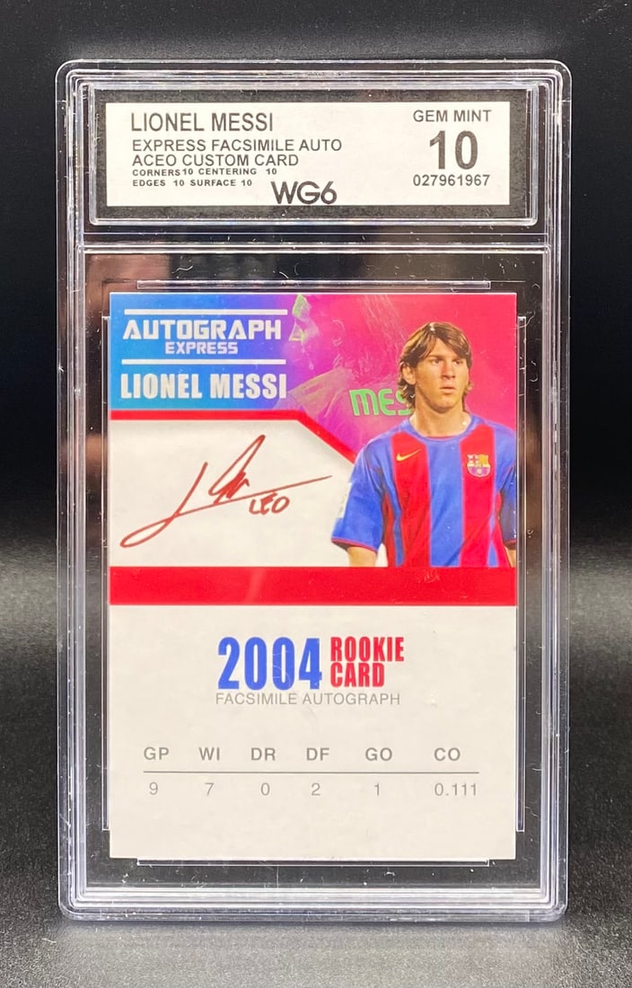 Lionel Messi Facsimile Autographed Express Card: 2004 Lionel Messi Autograph Express Facsimile Custom Auto Rookie Card – WG6 Graded Gem Mint 10