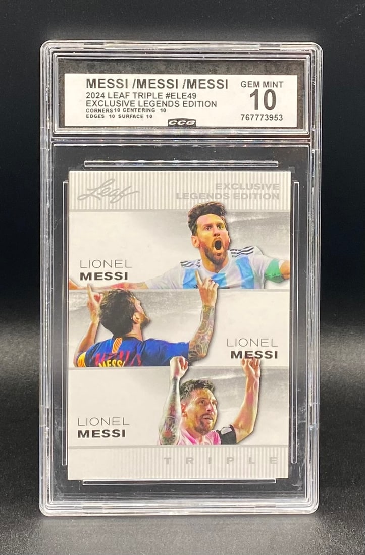 Cristiano Ronaldo, Pelé, and Lionel Messi Card: 2024 Leaf Cristiano Ronaldo, Pelé, and Lionel Messi Card