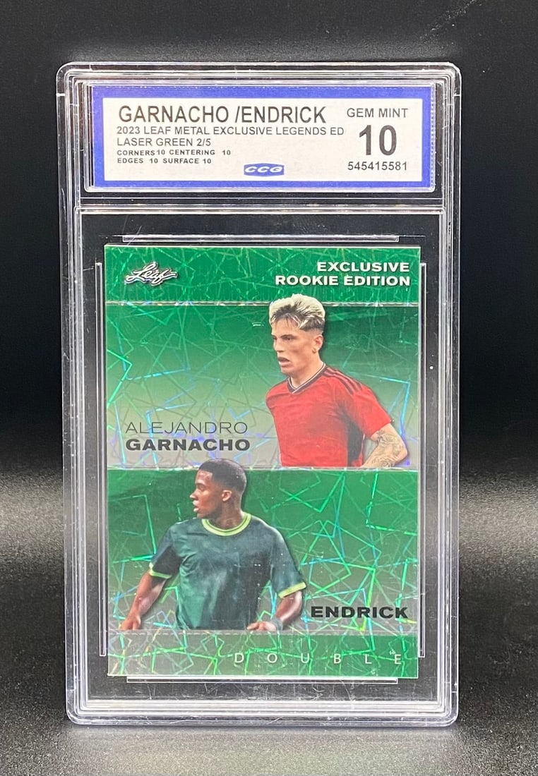Alejandro Garnacho & Endrick Holo /5: 2023 Leaf Metal Exclusive Legends Dual Rookie Garnacho / Endrick Laser Green /5 CCG 10