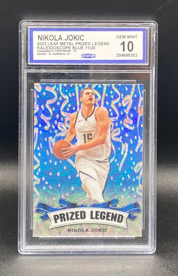 Nikola Jokic Kaleidoscope Blue /20: 2023 Leaf Metal Prized Legend Nikola Jokic Kaleidoscope Blue #11/20 – CCG 10 Gem Mint
