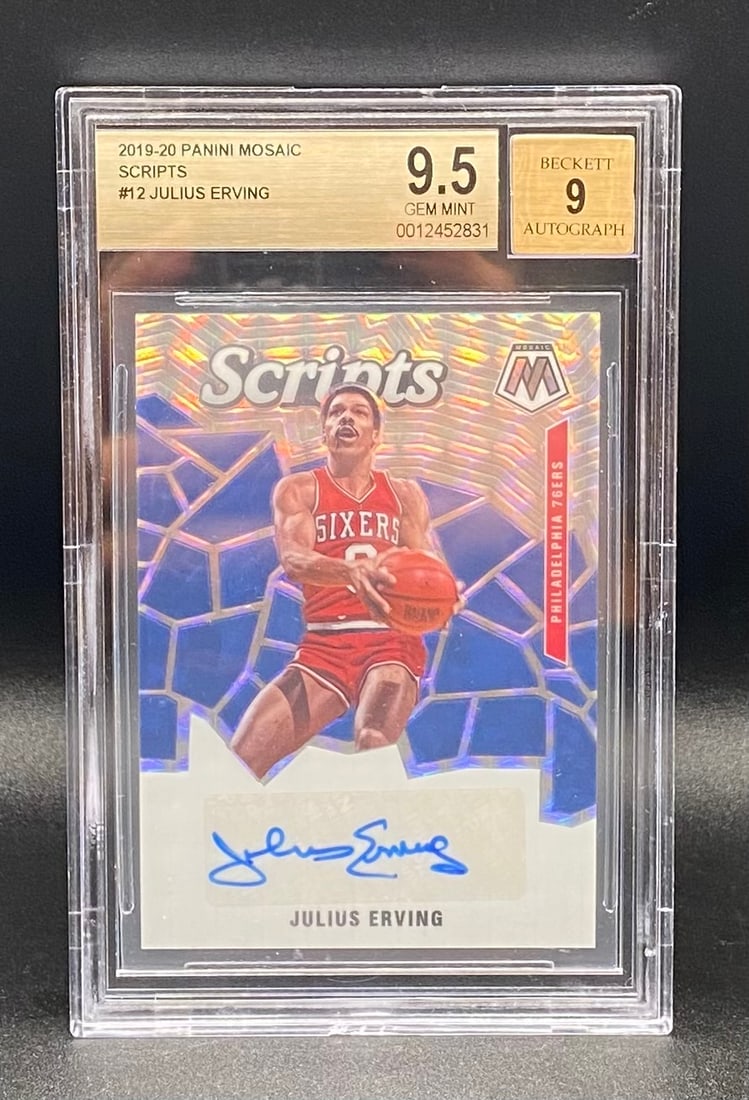 Julius Erving Auto BGS Card: 2019-20 Panini Mosaic Scripts #12 Julius Erving Auto - BGS 9.5 GEM MINT / Auto 9