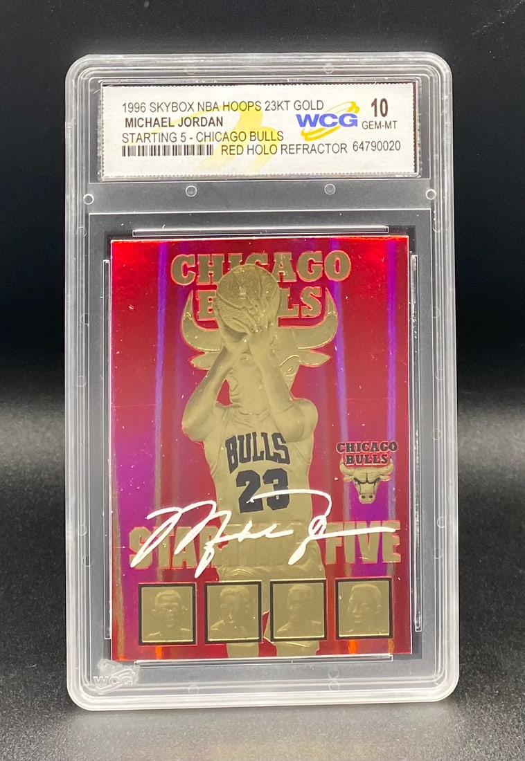 Michael Jordan Red Holo Card: 1996 SkyBox NBA Hoops Michael Jordan 23KT Gold "Starting 5" Red Holo Refractor - WCG 10 Gem Mint