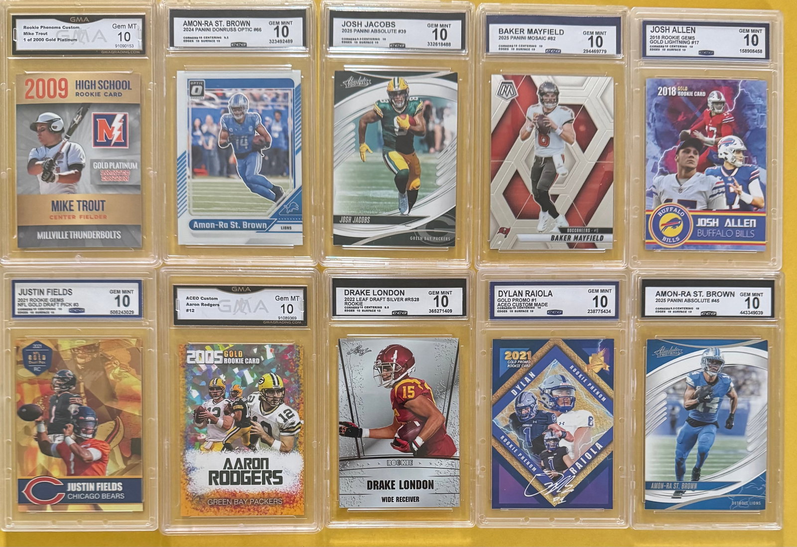 Mike Trout, Aaron Rodgers, Amon-Ra, Josh Allen, Mayfield & More: Lot of 10 Graded Sports Cards - NFL & MLB Stars feat. Mike Trout, Aaron Rodgers, Amon-Ra, Josh Allen (GEM MINT 10)
