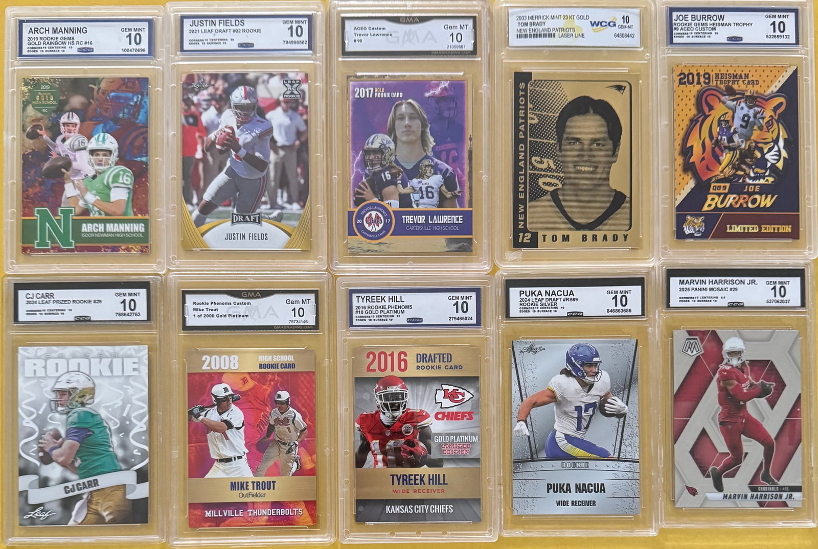 Tom Brady , Trout, Arch Manning, Harrison Jr., Burrow & More: Lot of 10 Graded Sports Cards - Football & Baseball Stars feat. Brady 23KT Gold, Trout, Harrison Jr., Burrow (GEM MINT 10)