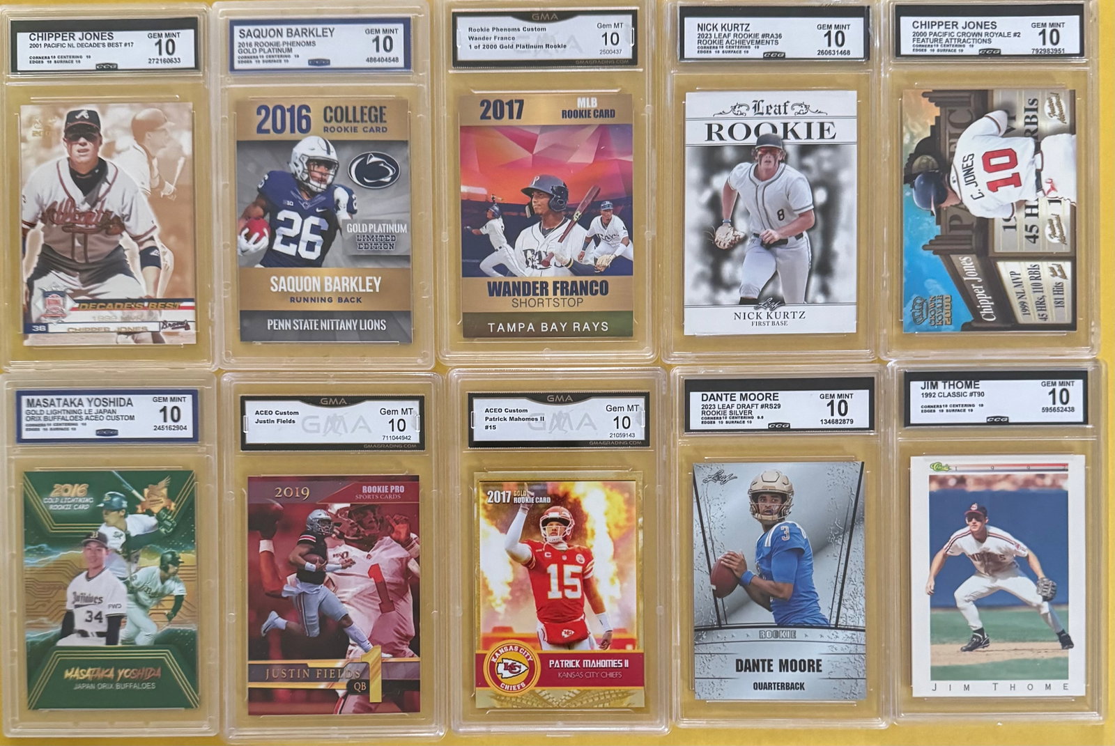 Patrick Mahomes, Chipper Jones, Saquon Barkley, Jim Thome & More: Lot of 10 Graded Sports Cards - MLB & NFL Stars feat. Mahomes, Chipper Jones, Saquon Barkley, Jim Thome (GEM MINT 10)