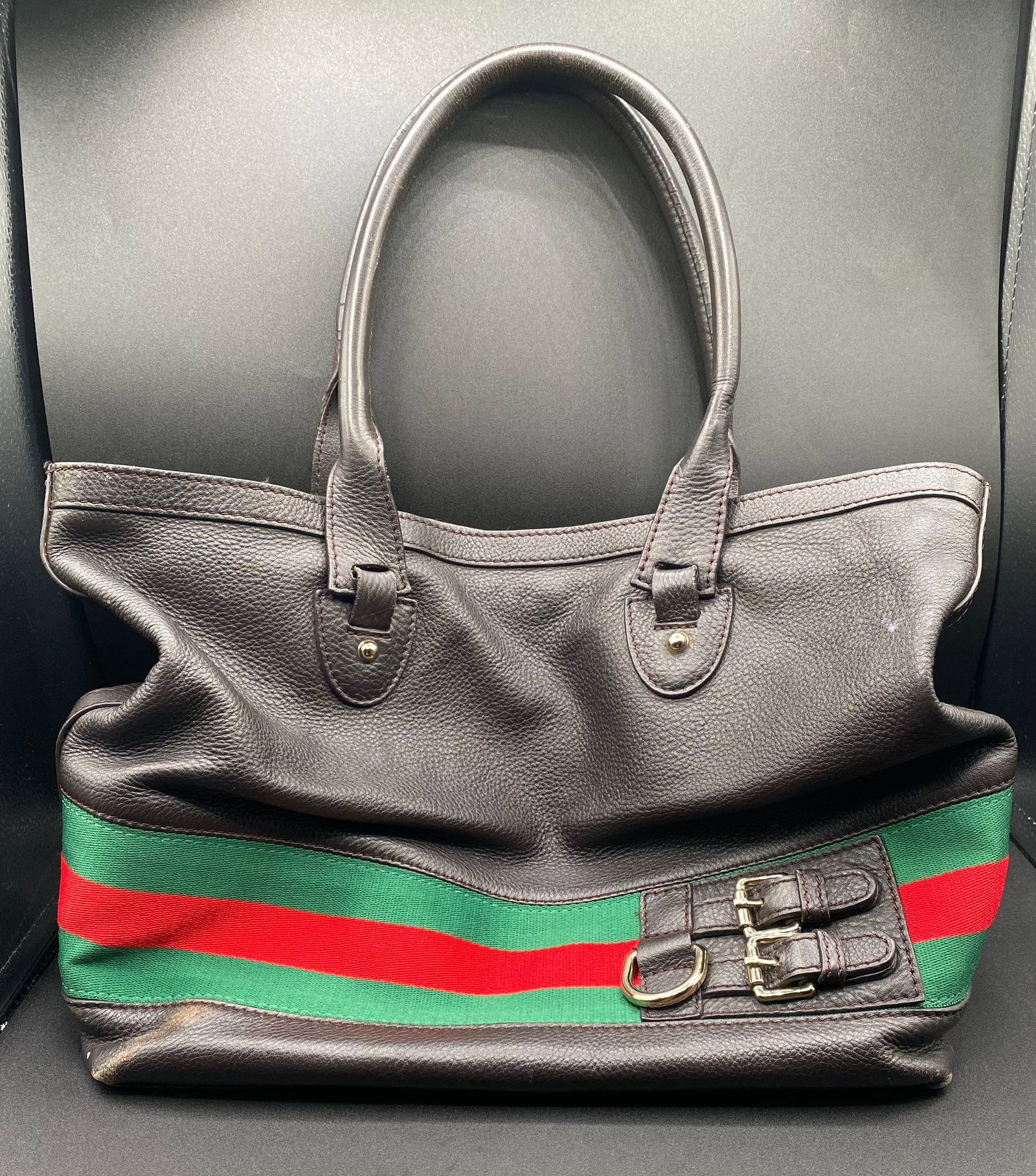 Gucci Shoulder Tote Bag: Gucci Dark Brown Pebbled Leather Web Buckle Shoulder Tote Bag Serial # 247574 2062