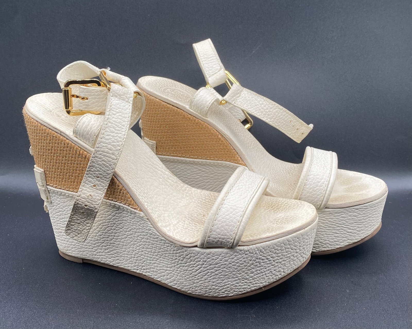 Tory Burch: Tory Burch Carlee High Wedge Sandals Tumbled Leather Bleach - Size 6.5. Model: Carlee High Wedge Sandal Colorway: Bleach (Off-White / Cream) - 138 Material: Tumbled Leather Upper with Woven