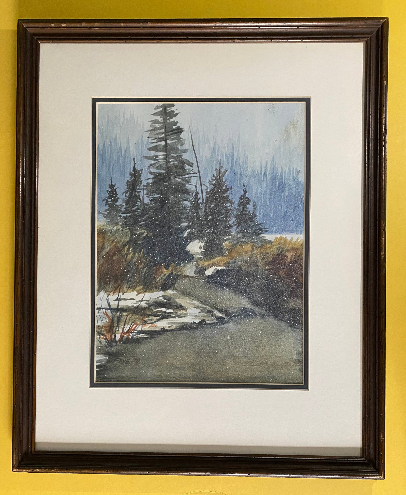 Vintage Original Landscape Watercolor Signed Frye "French Creek Winter" Framed: Artist: Signed "FRYE" (Dated '78) Title: "French Creek Winter '83" (Titled on gallery label) Medium: Original Watercolor on Paper Creation Date: Dated 1978 lower left; titled/cataloged