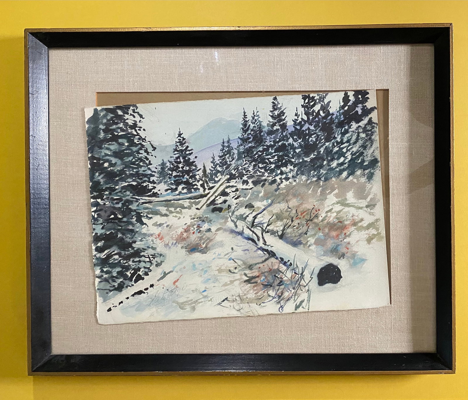 Mid-Century Impressionist Winter Forest Landscape – Watercolor on Paper: Mid-Century Impressionist Winter Forest Landscape – Watercolor on Paper. Original Watercolor on Paper Signature: Signed in graphite pencil lower left (appears to read "Fritzi" / lower text