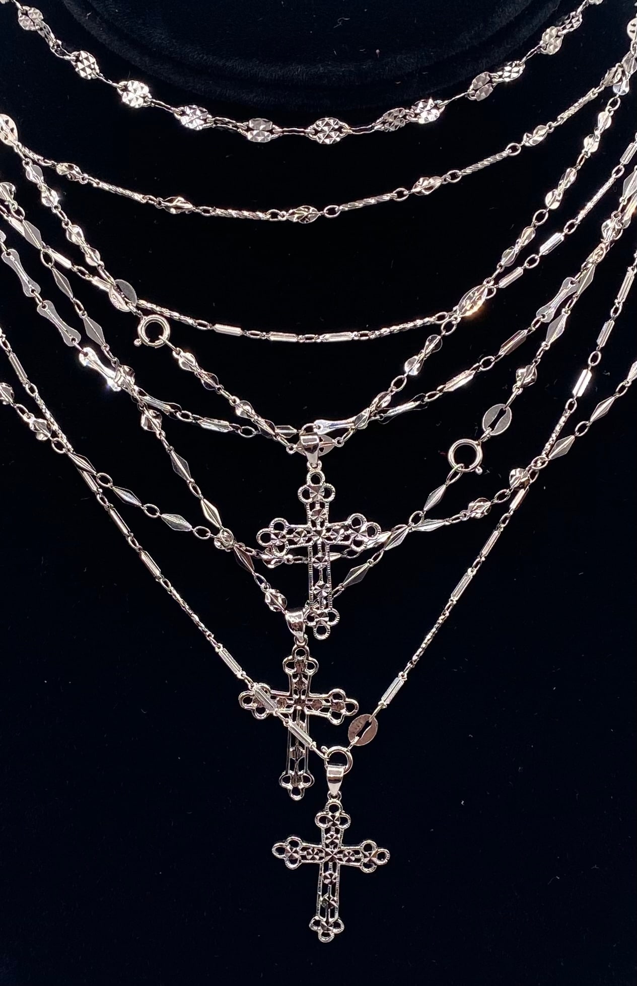 925 Sterling Silver Cross Pendant Necklaces & Diamond-Cut Station Chain Lot - 2