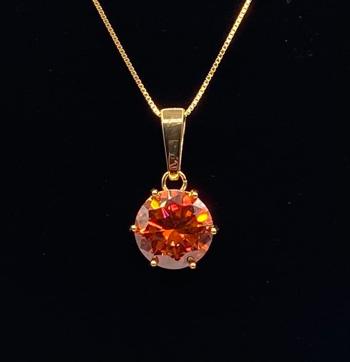 10 Carats Orange Moissanite Necklace: 10.00 CTW Orange Color Moissanite Solitaire Pendant Necklace, 18K Yellow Gold over .925 Sterling Silver w/ Certificate