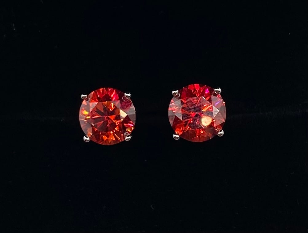 6 Carats Red VVS Earrings: Pair 3.00ct (6.00 ctw) Red Color Round Brilliant Moissanite Solitaire Earrings, 18K GP .925 Silver w/ Certificate