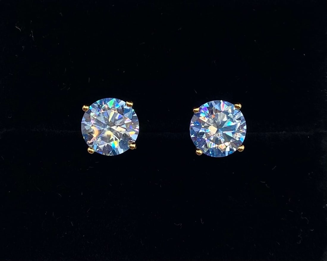 6 Carats Blue VVS Earrings: Pair 3.00ct (6.00 ctw) Blue Color Round Brilliant Moissanite Solitaire Earrings, 18K GP .925 Silver w/ Certificate