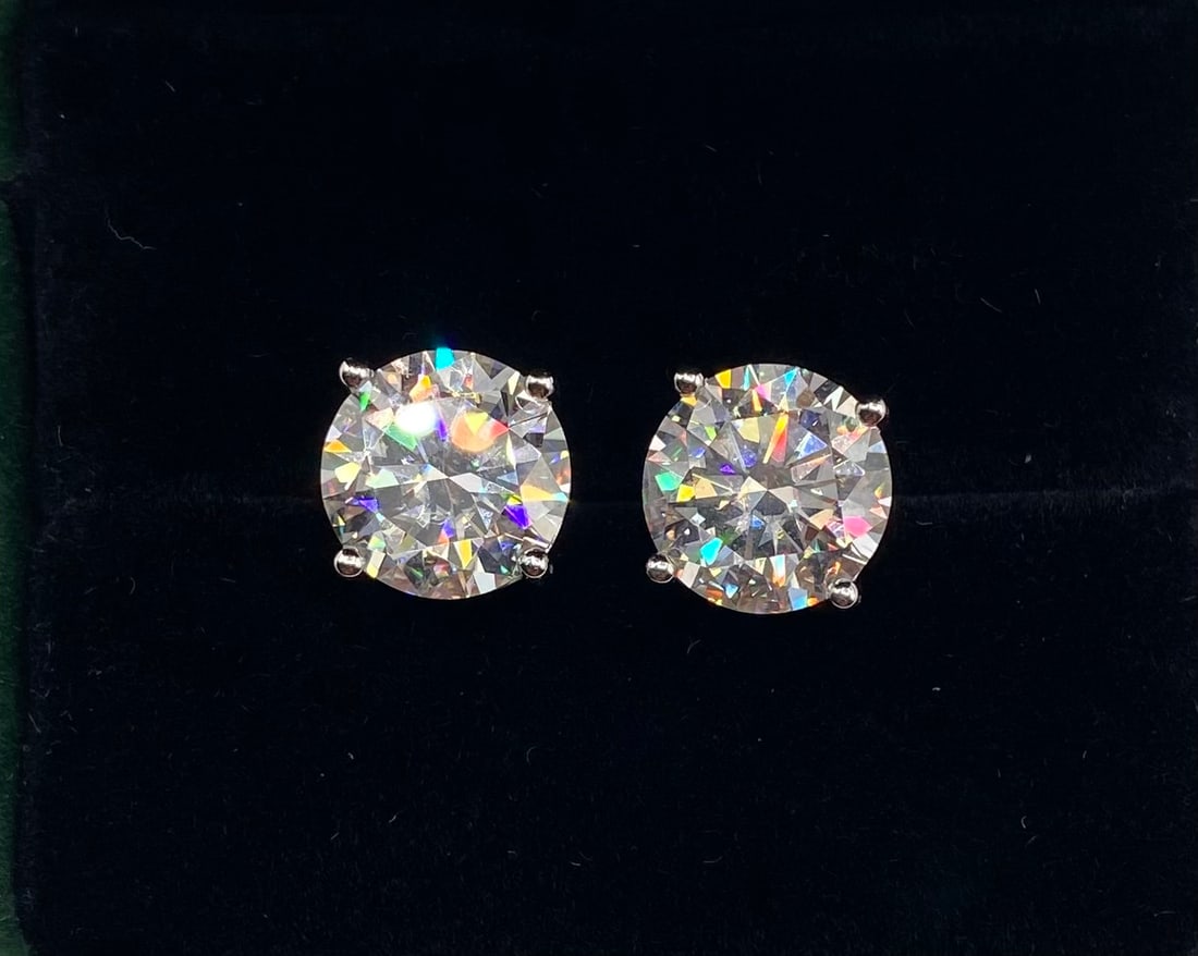 10 Carats VVS Earrings: Pair 5.00ct (10.00 ctw) D Color Round Brilliant Moissanite Solitaire Earrings, 18K GP .925 Silver w/ Certificate