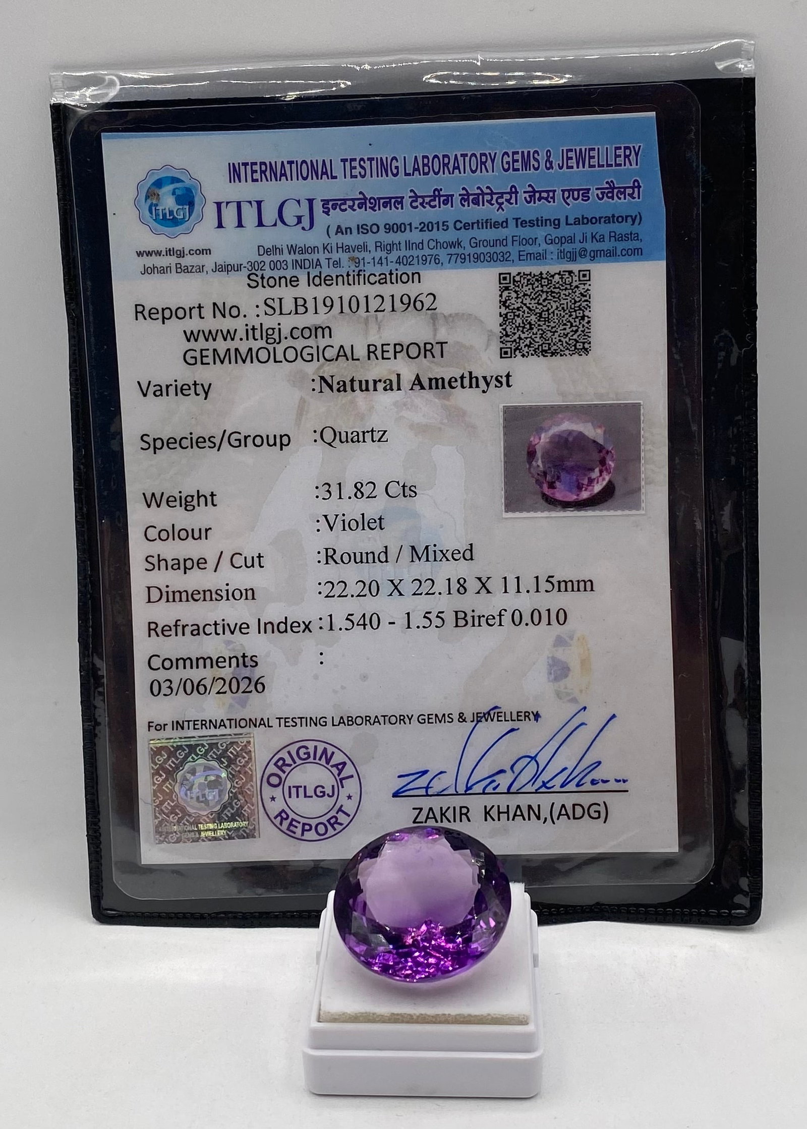 Certified 31.82 Cts Natural Amethyst - ITLGJ Report - 2