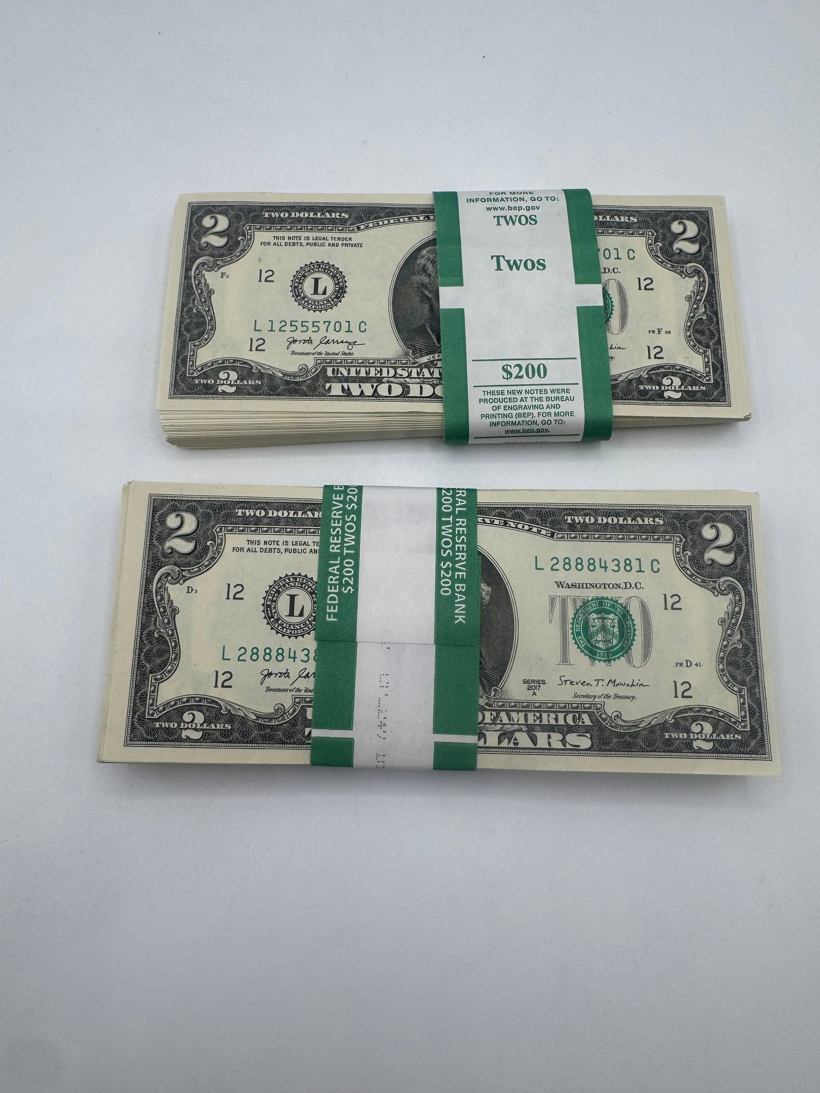 Two $2 Dollar Bill Bundles: (2) Two $2 Dollar Bill Bundles . Face Value $400.
