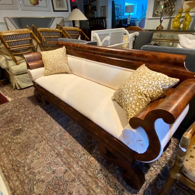 Antique Empire Wood Framed Chenille Ivory Sofa with: Antique Empirew Wood Framed Chenille Ivory Sofa with Newly Upholstered Seats and Back 7' x 2'x 3' h