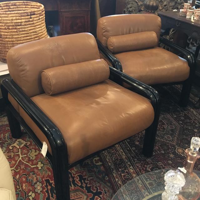 Pair of Gae Aulenti for Knoll Brown Leather Lounge: Pair of Gae Aulenti for Knoll Brown Leather Lounge Chairs with Roll Pillows, Black Frame 31" x 32" x 30" h