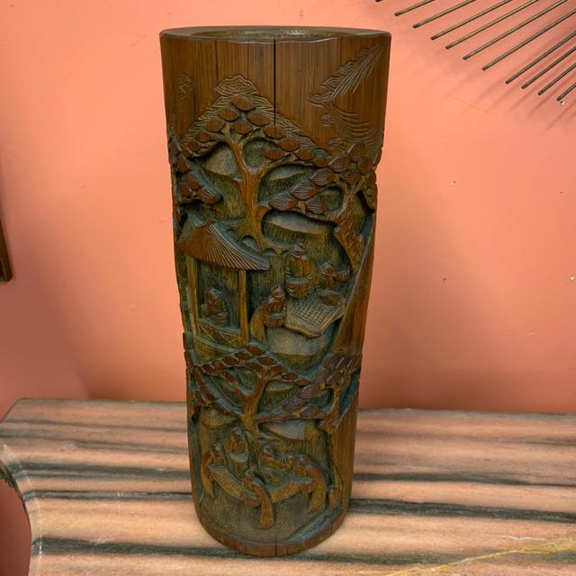 Antique Large bamboo paint brush pot, hand carved: Antique Large bamboo paint brush pot, hand carved from a single piece featuring asiain monks along front & back 5" d, 14" h