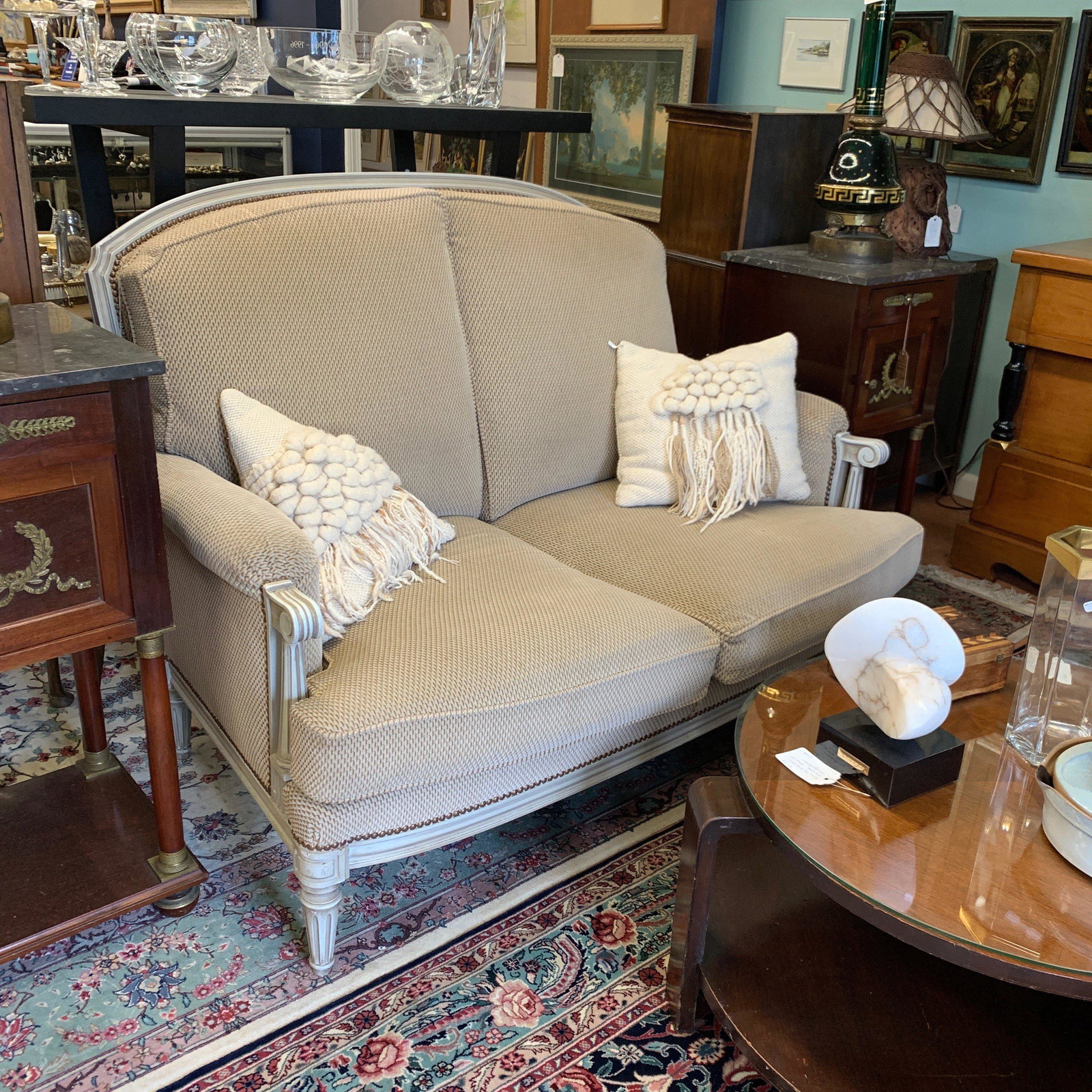 Pair of French Louis XVI style settees sofa couch: Pair of French Louis XVI style settees sofa couch painted and beige textured upholstery nailheads c.1950, 54" x 30" x 39" h, 16" seat ht