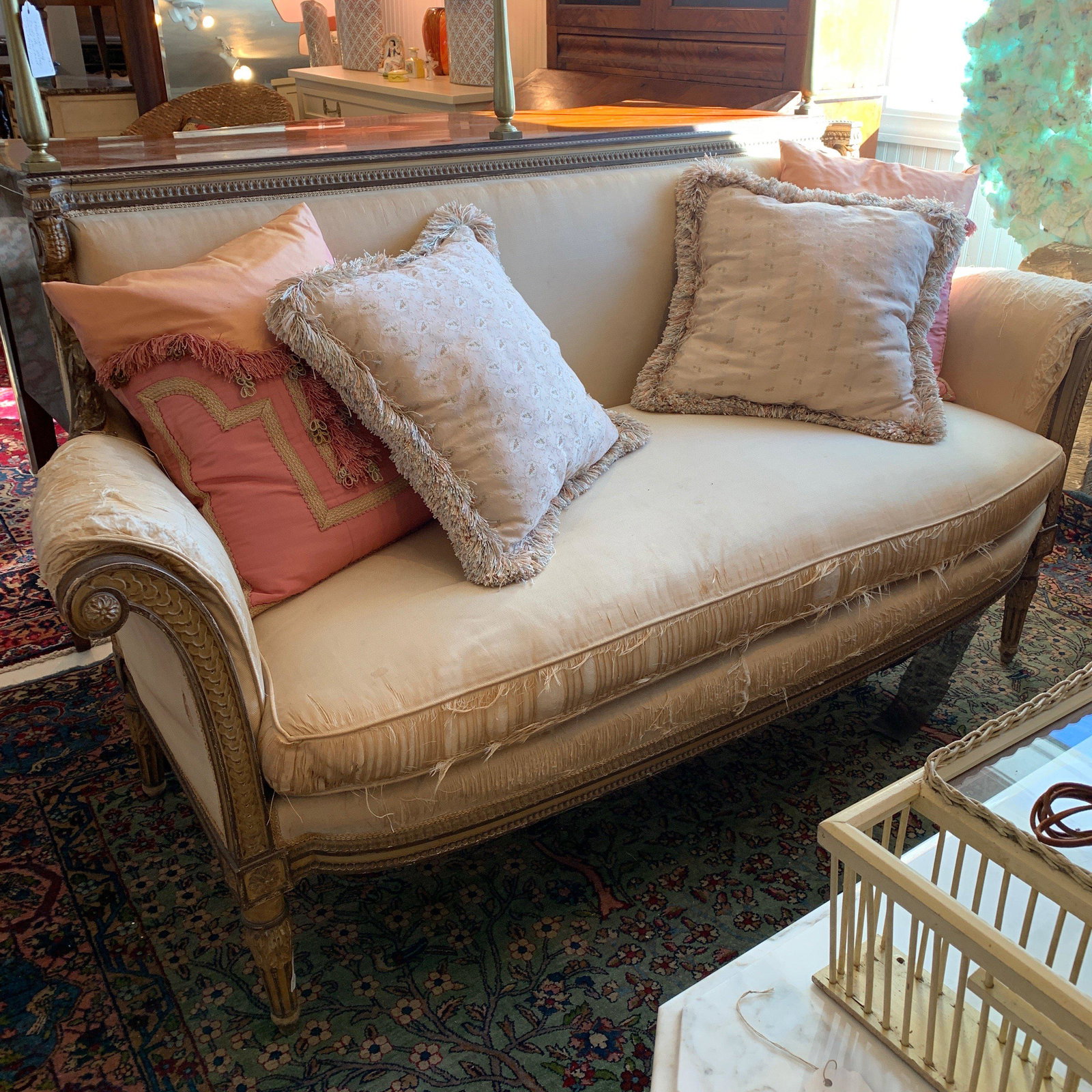 Antique carved French settee: Antique carved French settee as is 66" x 24" x 36" h