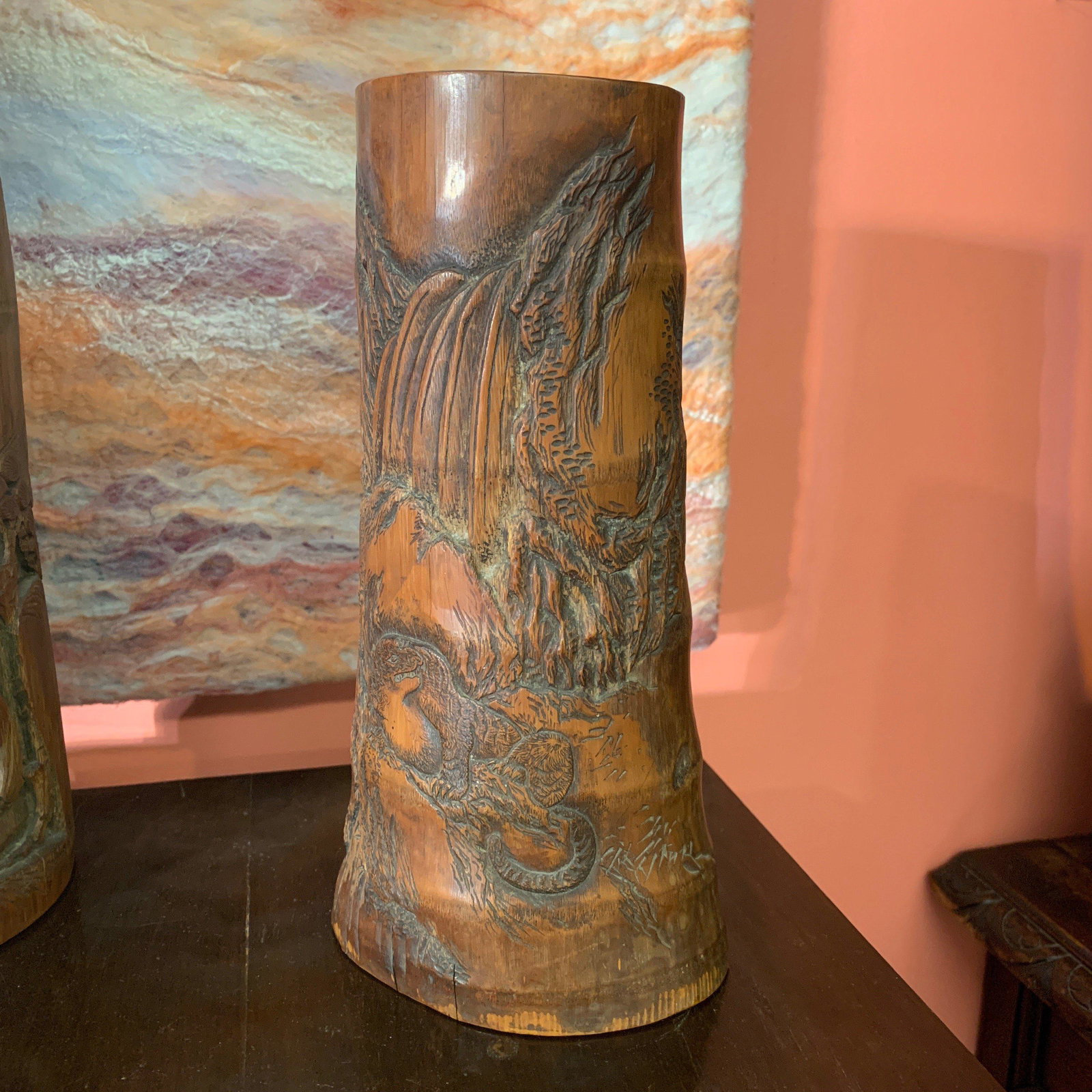 Hand carved asian antique bamboo brush pot: Hand carved asian antique bamboo brush pot from single piece, features tiger & waterfall, signed, 4" d, 10" h