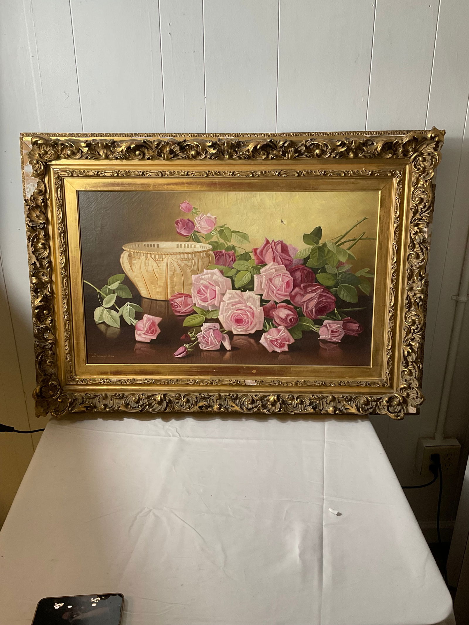 Rose Still Life In Carved Gold Frame signed and Dated: Irving Lewis Bacon Still Life dated 1900 and signed. Beautiful painting of roses and vase in elaborate gold frame