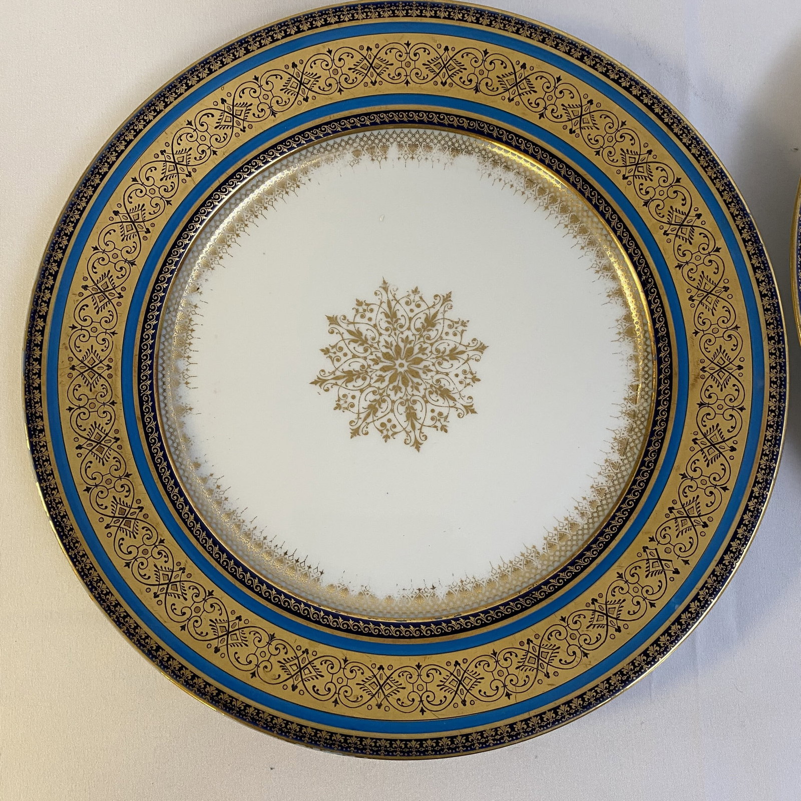 Set of 10 Limoges France Plates: Set of 10 Limoges France Plates Wm Guerin and Co J Seth Hopkins gold, navy and gold...some gold loss