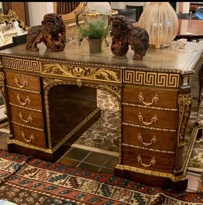 Amazing Carved Desk with Ormilu and Gilt Embellishments: Amazing Carved Desk with Ormilu and Gilt Embellishments has beautiful details and a greek key border. leather top