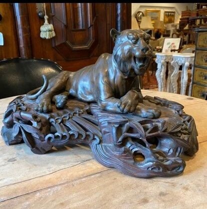 Signed Bronze Tiger on Carved Bamboo Stand (1 of 9)