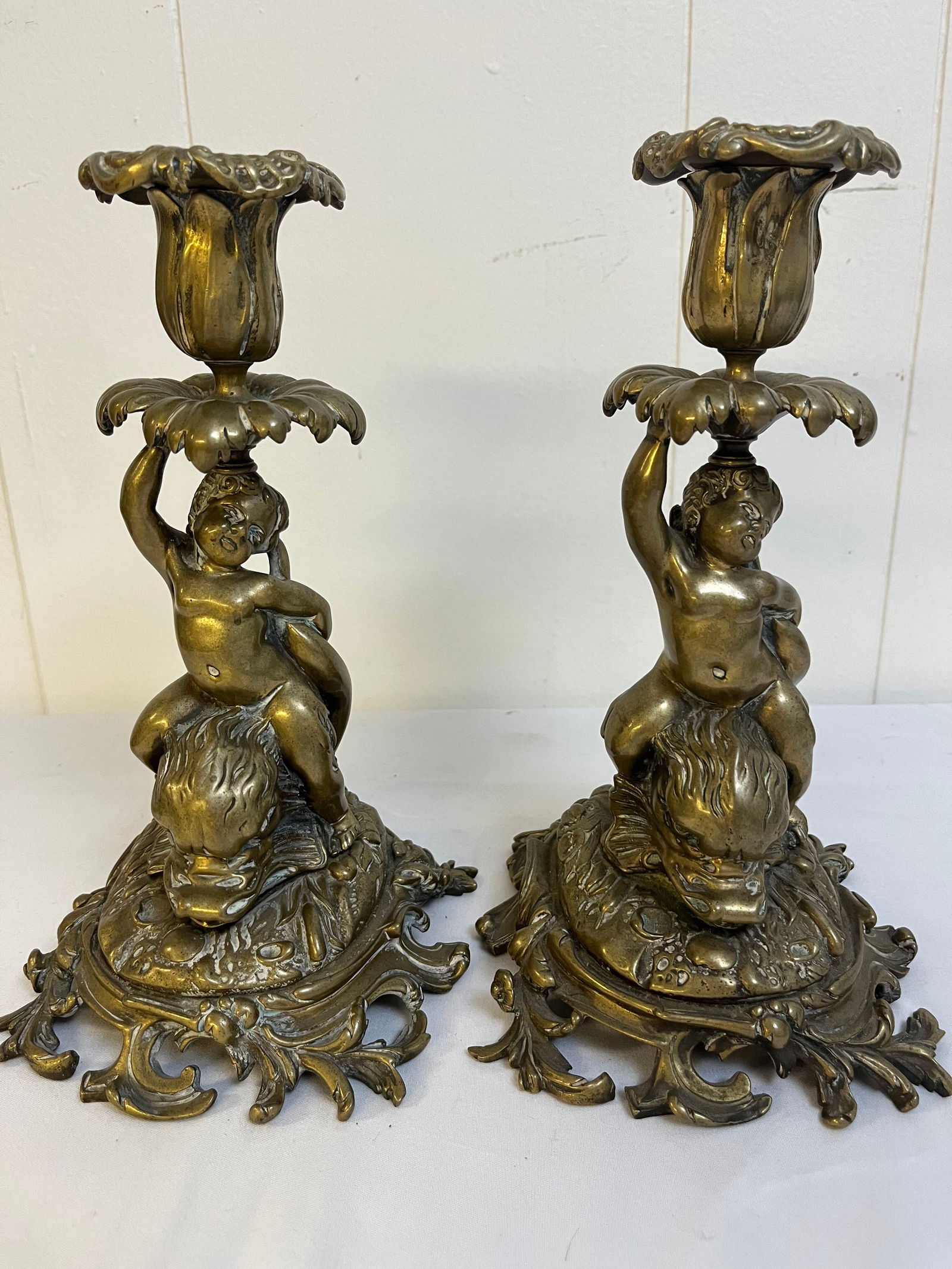 Pair of glt bronze Putti and Dolphin candlesticks (1 of 8)
