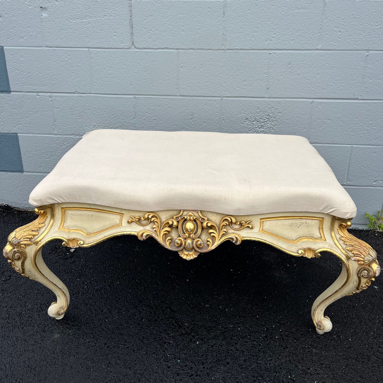 Large French Linen Bench / Ottoman With Ornately Carved Base (1 of 7)