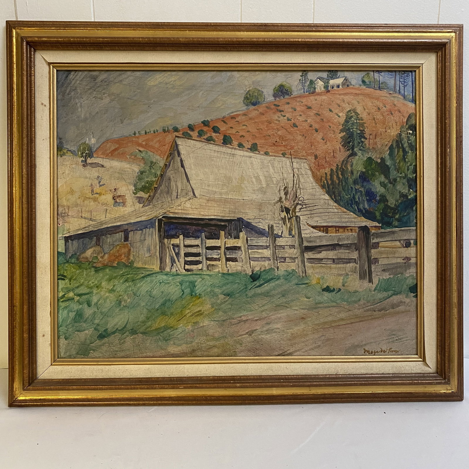 Signed Painting of Barn with Farm Land in Background: Signed painting of farm in gold and wood frame