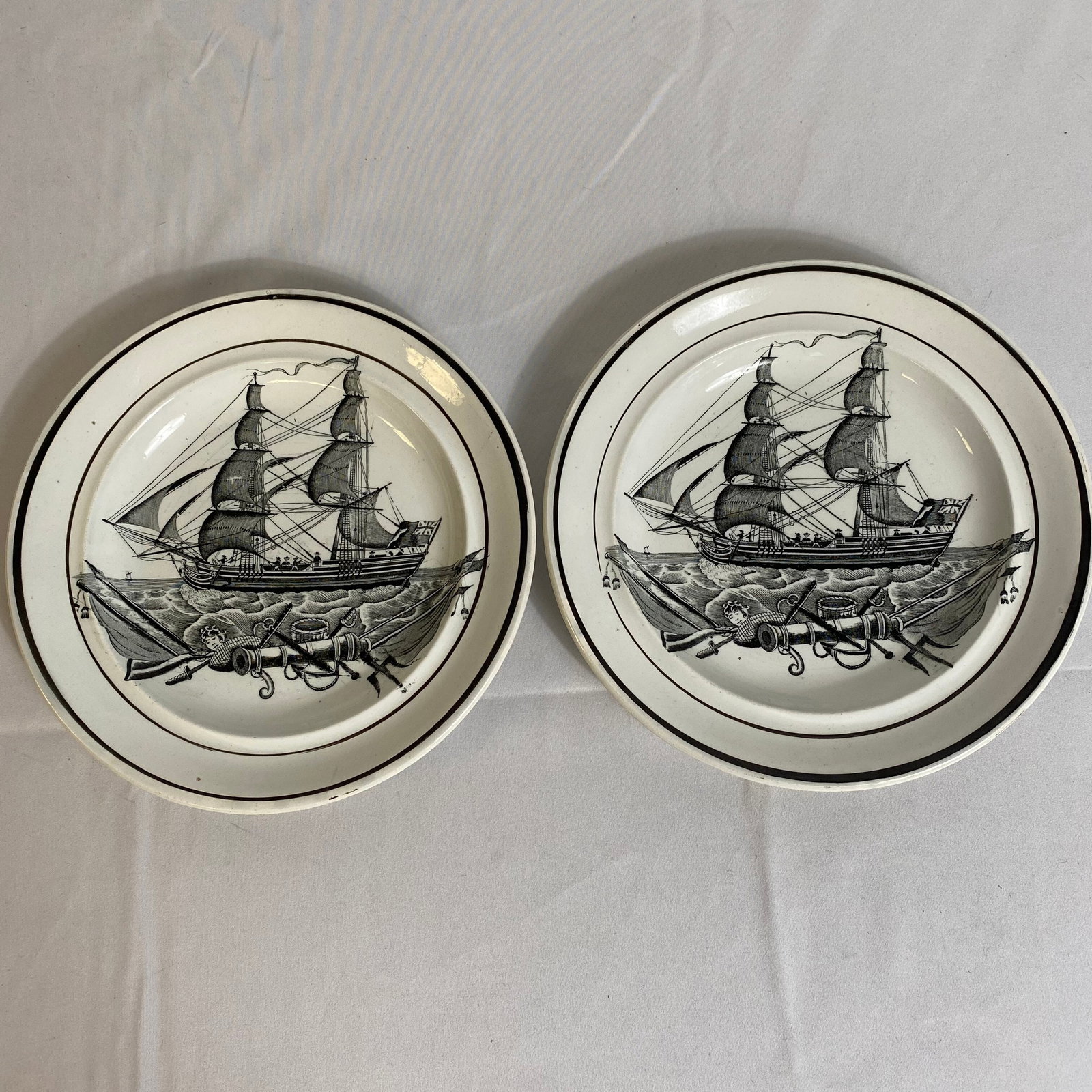 Pair of Dillwyn Ironstone Plates with ship design: Pair of Dillwyn Ironstone Plates with ship design in black and white